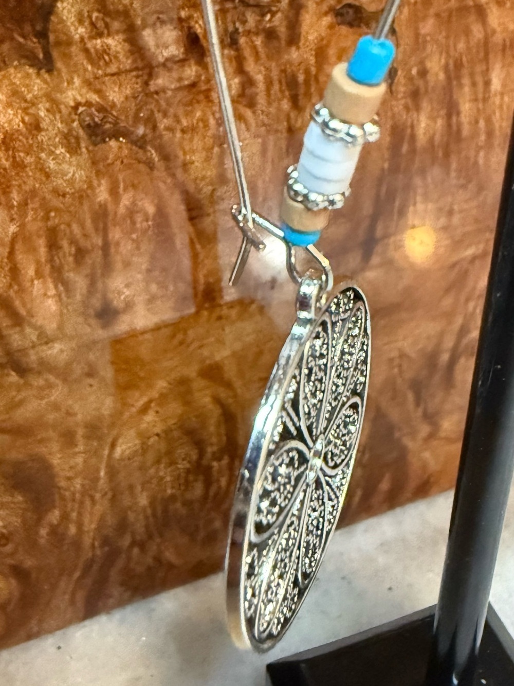 NWOT Filigree Round Dangle Earrings with Turquoise Bead - Picture 3 of 5